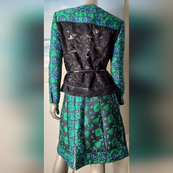 °$4,300 NEW OSCAR DE LA RENTA JAQUARD LACE GREEN BLACK JACKET SKIRT SUIT US M - Picture 9 of 11